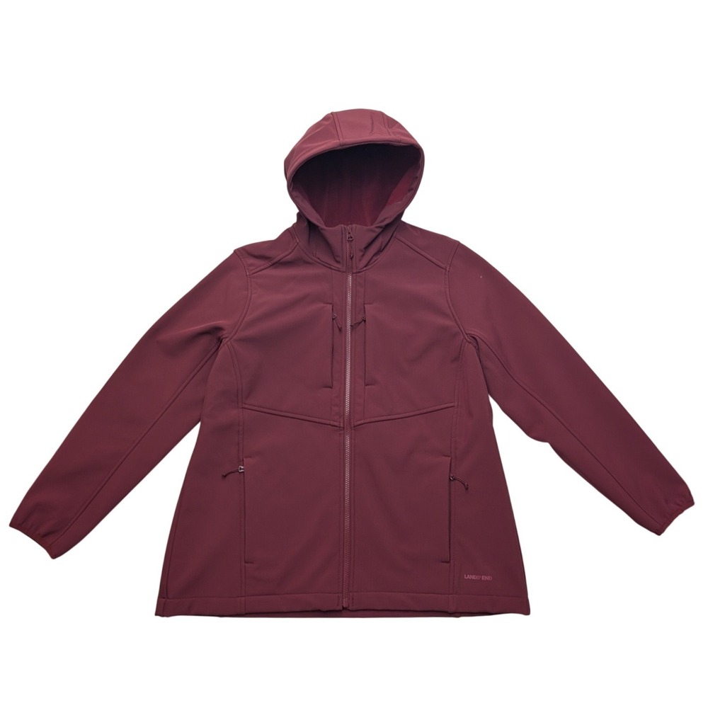 Lands' End Softshell Jacket Women L Burgundy Hooded Fleece Lined Full Zip 516086